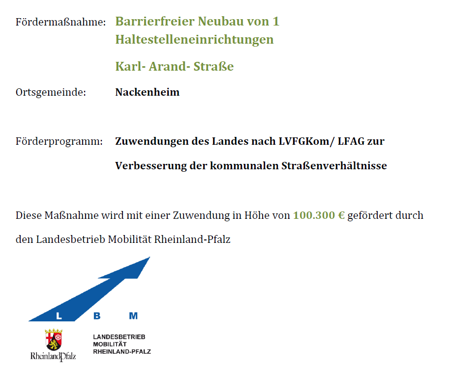 Fördermittelübersicht der Ortsgemeinde Nackenheim Quelle: VG Bodenheim