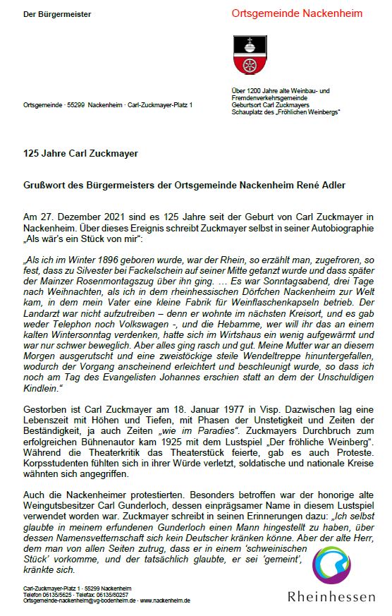 125 Jahre Carl-Zuckmayer Brief des Ortsbürgermeisters René Adler an Saas Fee Seite 1 Quelle: Ortsgemeinde Nackenheim