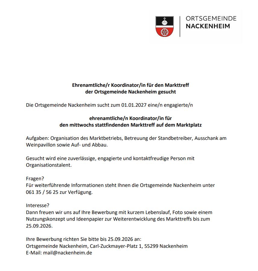 Ehrenamtliche/r Koordinator/in für den Markttreff gesucht Quelle: OG Nackenheim