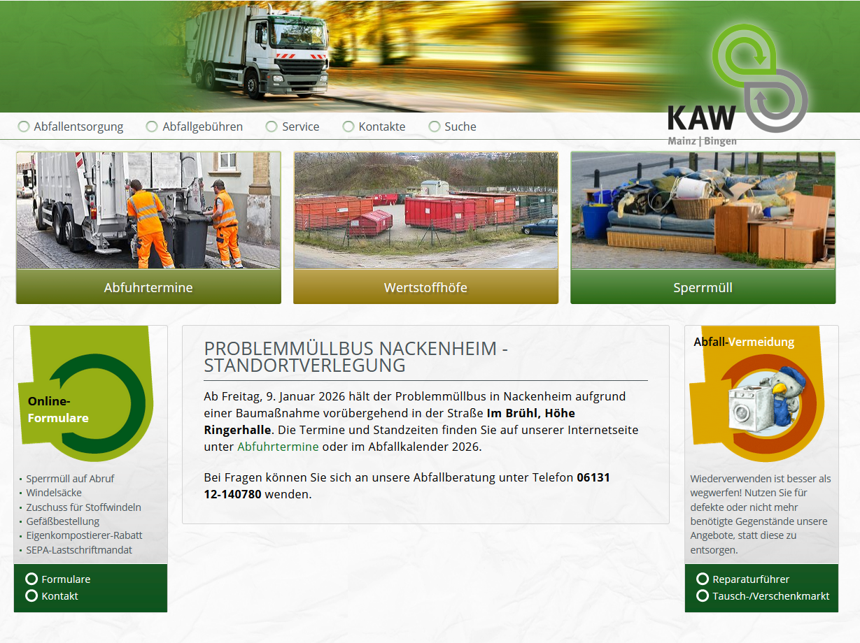 Information zu Problemmüllbus ab 01./2026 Quelle: KWA