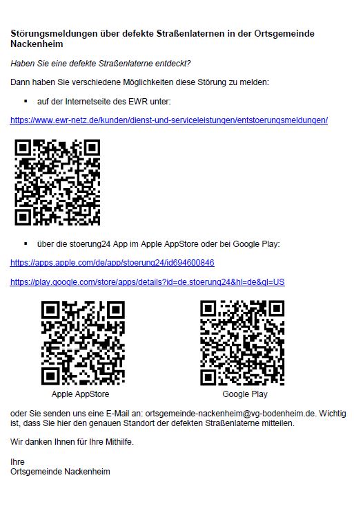 Informationsseite zu Störmeldungen über defekte Straßenlaternen in der Ortsgemeinde Nackenheim Quelle: Ortsgemeinde Nackenheim